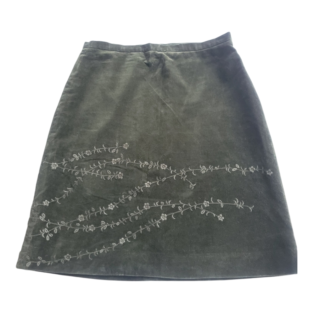 J Crew Velvet Skirt Green Embroidered Size 4 Mini Cotton Boho-Floral Pattern